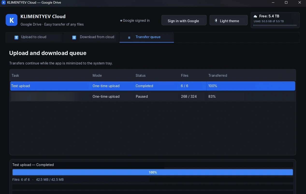Translated English preview of KLIMENTYEV Cloud transfer queue